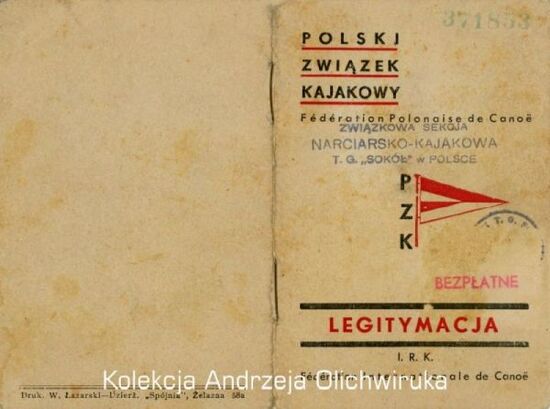 Okładka legitymacji członka Polskiego Związku Kajakowego, Związkowej Sekcji Narciarsko- Kajakowej T.G. &amp;quot;Sokół&amp;quot; w Polsce