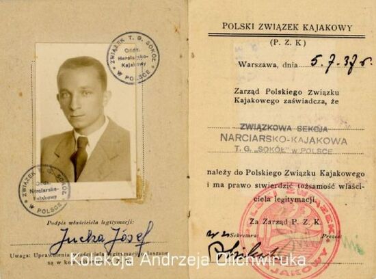 Wnętrze legitymacji ze zdjęciem Józefa Juchy, członka Polskiego Związku Kajakowego, Związkowej Sekcji Narciarsko- Kajakowej T.G. &amp;quot;Sokół&amp;quot; w Polsce, 1937 r.