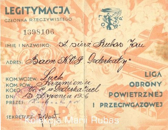 Legitymacja Jana Rubasa Członka Rzeczywistego Ligii Obrony Powietrznej i Przeciwgazowej. Wydana w 1936 r.