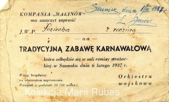 Zaproszenie na zabawę karnawałową w Szumsku z dnia 6 lutego 1937 r.