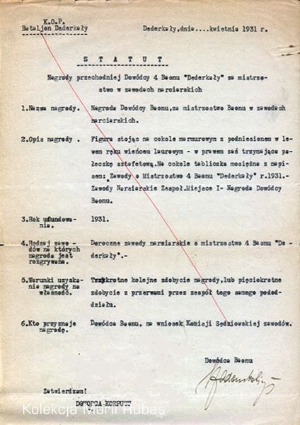 Statut nagrody przechodniej Dowódcy 4 Batalionu &quot;Dederkały&quot; za mistrzostwo w zawodach narciarskich, Dederkały, kwiecień 1931 r.