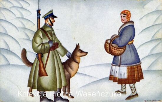 Ilustracja przedstawiająca żołnierza KOP z bronią i psem na patrolu zimą, spotykającego dziewczynę