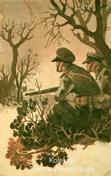 Ilustracja przedstawiająca dwóch żołnierzy KOP na patrolu