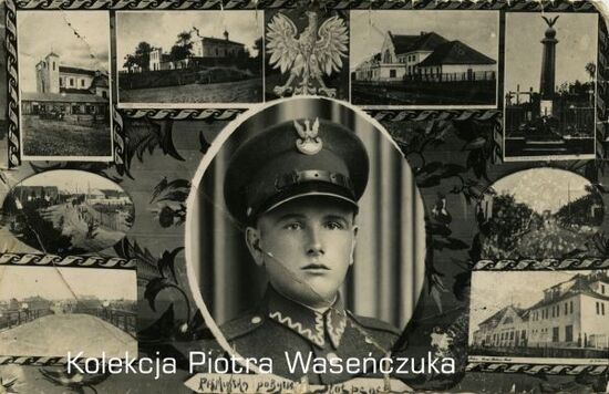 Portret żołnierza KOP- fotografia otoczona grafiką z godłem państwa i fotografiami budynków