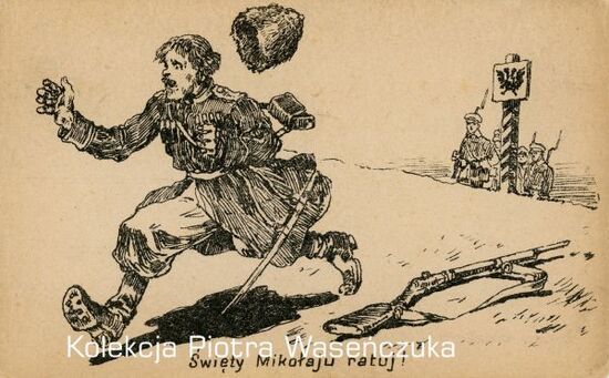 Rysunek satyryczny- żołnierz sowiecki uciekający przed patrolem KOP, podpis &quot;Święty Mikołaju ratuj !&quot;