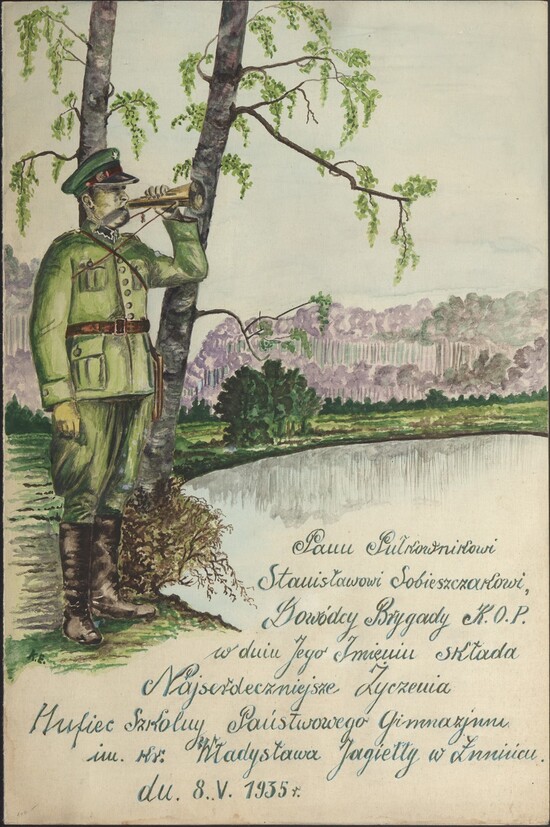 Przedwojenna karta pocztowa z życzeniami imieninowymi dla Dowódcy Brygady KOP płk. Stanisława Sobieszczaka